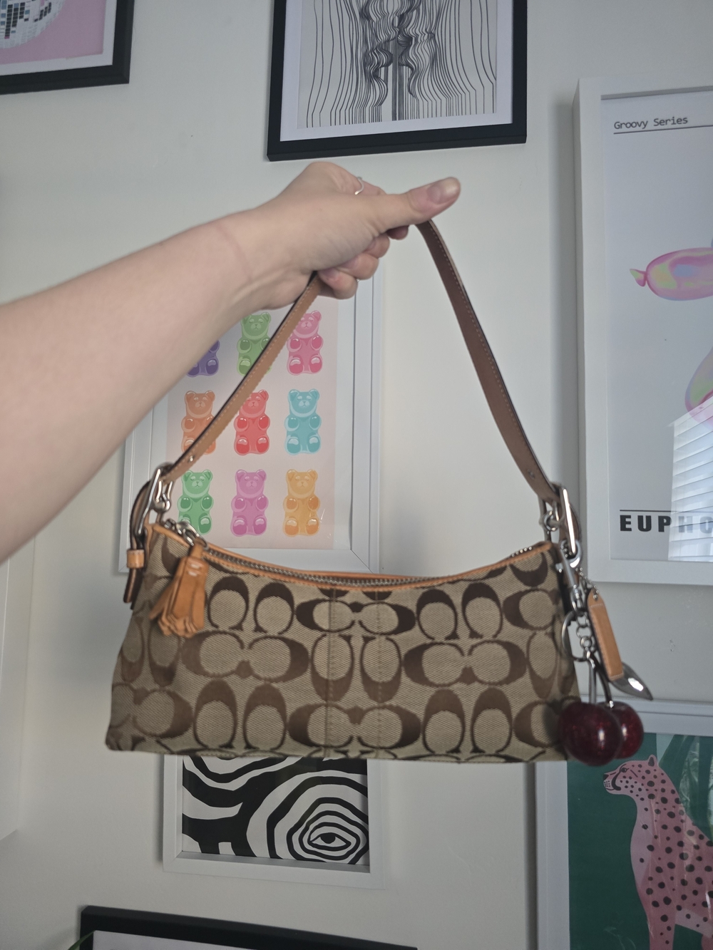Coach East West Signature Baguette Y2k Shoulder Bag W/Cherry Charm